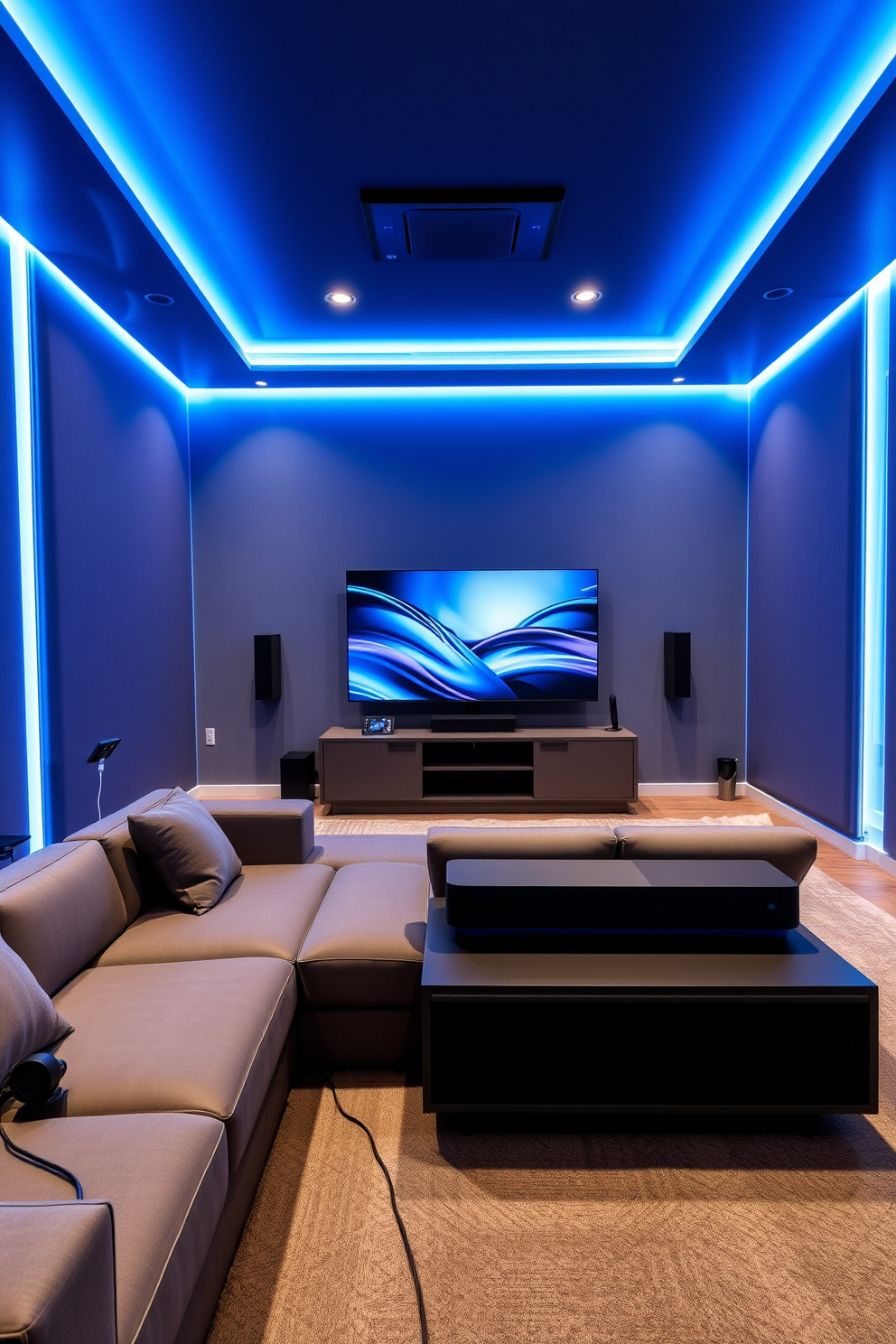 A modern game room featuring smart home integration for convenience. The space includes a large sectional sofa with built-in charging ports and ambient LED lighting controlled by a smart device. The walls are adorned with soundproof panels in a deep blue hue, enhancing the gaming experience. A sleek gaming console is positioned on a minimalist entertainment unit, with a large screen mounted above for immersive gameplay.