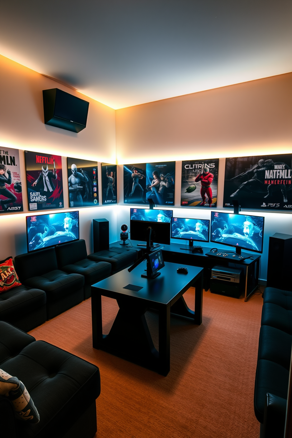 A gaming-themed area with soft lighting creates an immersive atmosphere perfect for relaxation and entertainment. The walls are adorned with posters of popular video games, and a plush sectional sofa invites friends to gather and enjoy gaming sessions together. In the center of the room, a sleek black gaming table holds multiple monitors and gaming consoles. Ambient LED lights illuminate the space, enhancing the modern aesthetic while providing a comfortable setting for late-night gaming marathons.