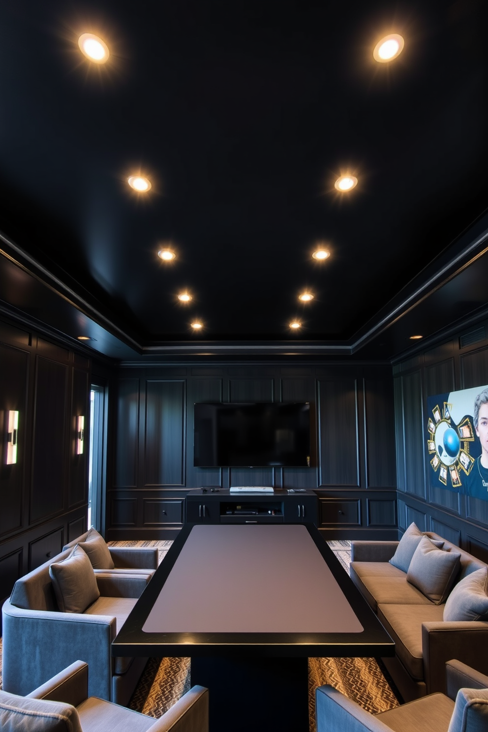 A striking game room with a black ceiling featuring recessed lighting that creates an inviting atmosphere. The walls are adorned with dark wood paneling, and plush seating is arranged around a sleek game table.