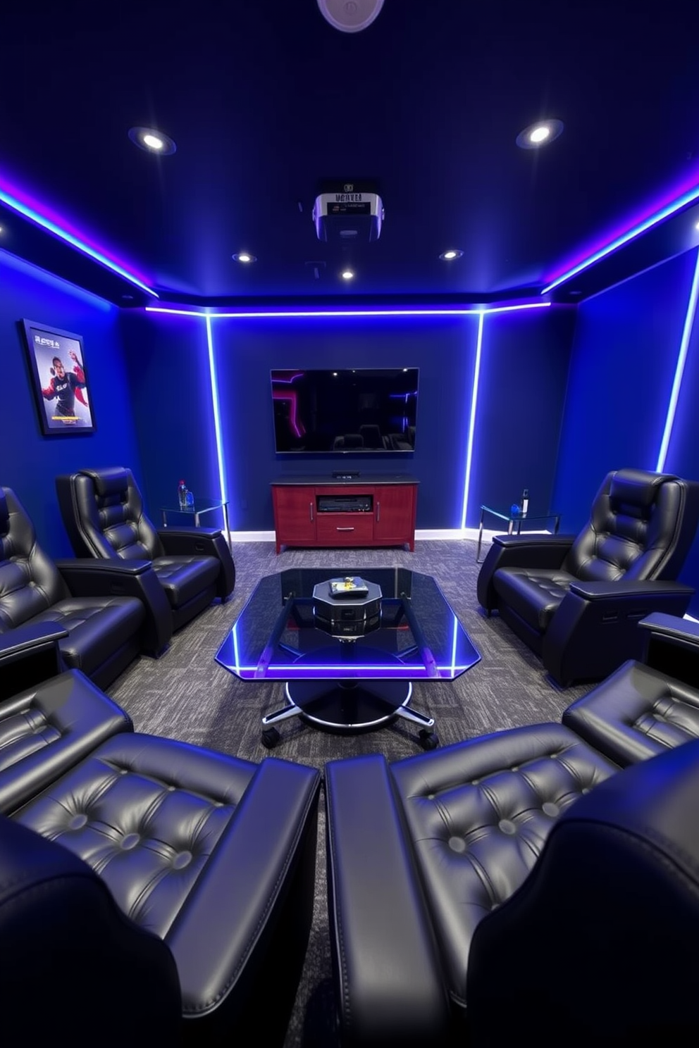 A stylish game room featuring comfortable black leather gaming chairs arranged around a sleek glass coffee table. The walls are painted in a deep navy blue, accented by vibrant LED lighting that creates an immersive atmosphere.