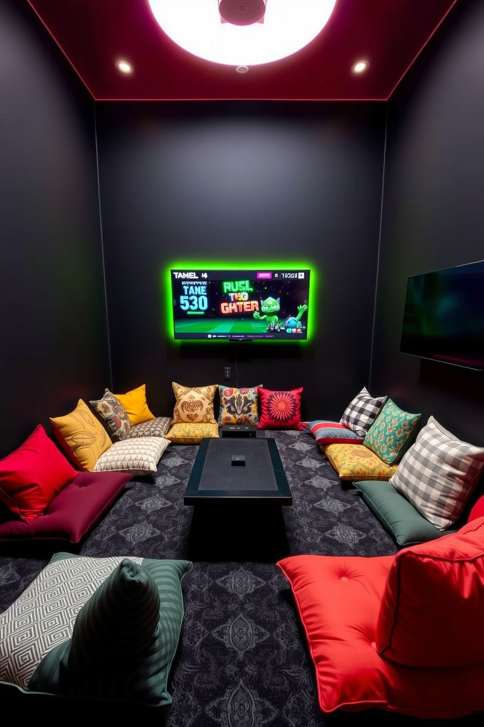 A cozy game room featuring floor cushions in various colors and patterns arranged around a low coffee table. The walls are painted in a deep black with neon accents, creating an energetic atmosphere perfect for gaming sessions.