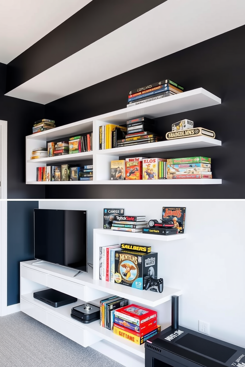 A modern game room featuring wall-mounted shelves designed for optimal game storage. The shelves are sleek and minimalist, showcasing an array of board games and gaming consoles against a backdrop of dark, moody walls.