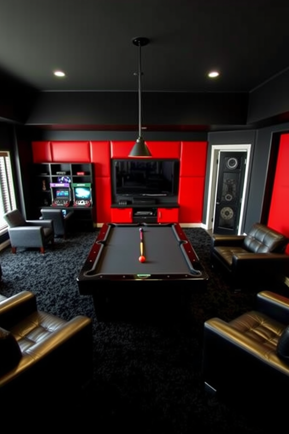 A striking game room featuring a sleek black pool table centered in the space. The walls are adorned with red accent panels, and stylish black leather seating is arranged around the table for a modern touch. In one corner, a high-tech gaming setup includes a large screen and black shelving for game storage. The floor is covered with a plush black carpet that adds warmth and comfort to the room.