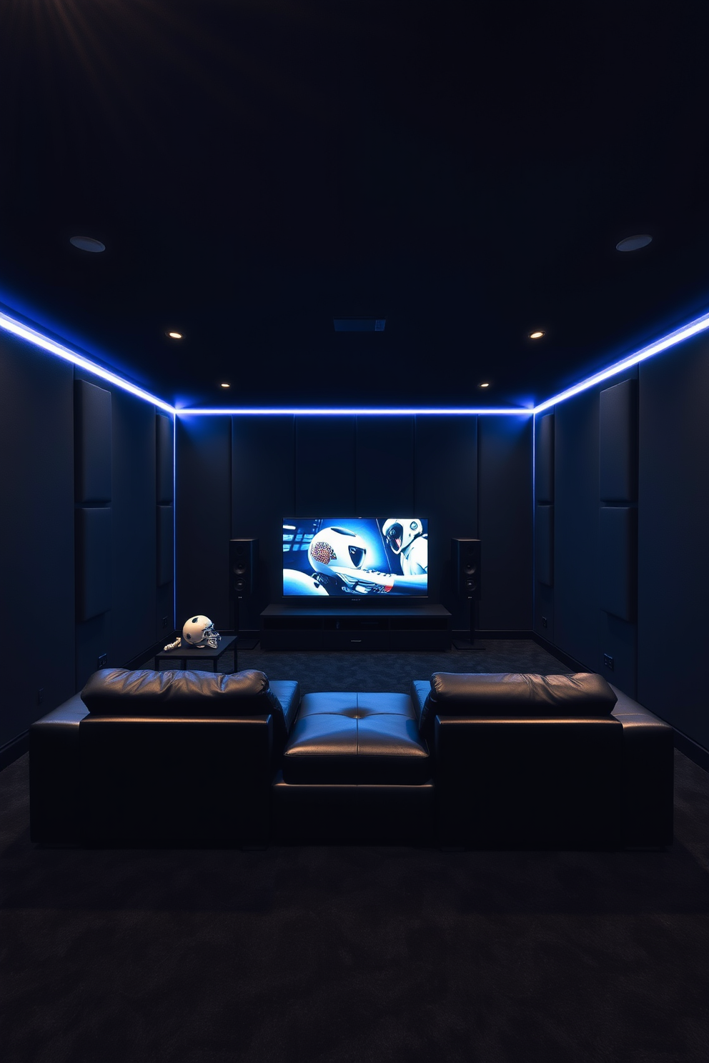 A modern game room with a sleek black color palette. The walls are adorned with soundproof panels, and the floor features plush black carpeting. Mood lighting is provided by LED strip lights that run along the edges of the ceiling and behind the gaming consoles. A large sectional sofa in dark leather faces a state-of-the-art entertainment system, creating an inviting atmosphere for gaming and relaxation.