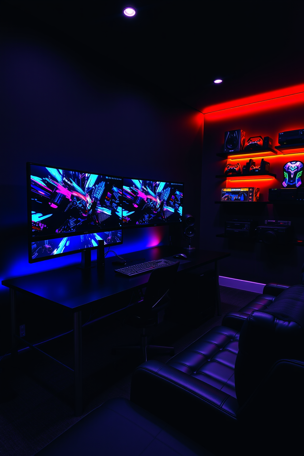 A sleek multi-monitor setup on a black desk showcases cutting-edge technology and modern design. The desk is positioned against a dark wall, with ambient LED lighting enhancing the overall aesthetic. The game room features a bold color palette with black and neon accents. Plush seating options are arranged for comfort, complemented by wall-mounted shelves displaying gaming memorabilia.