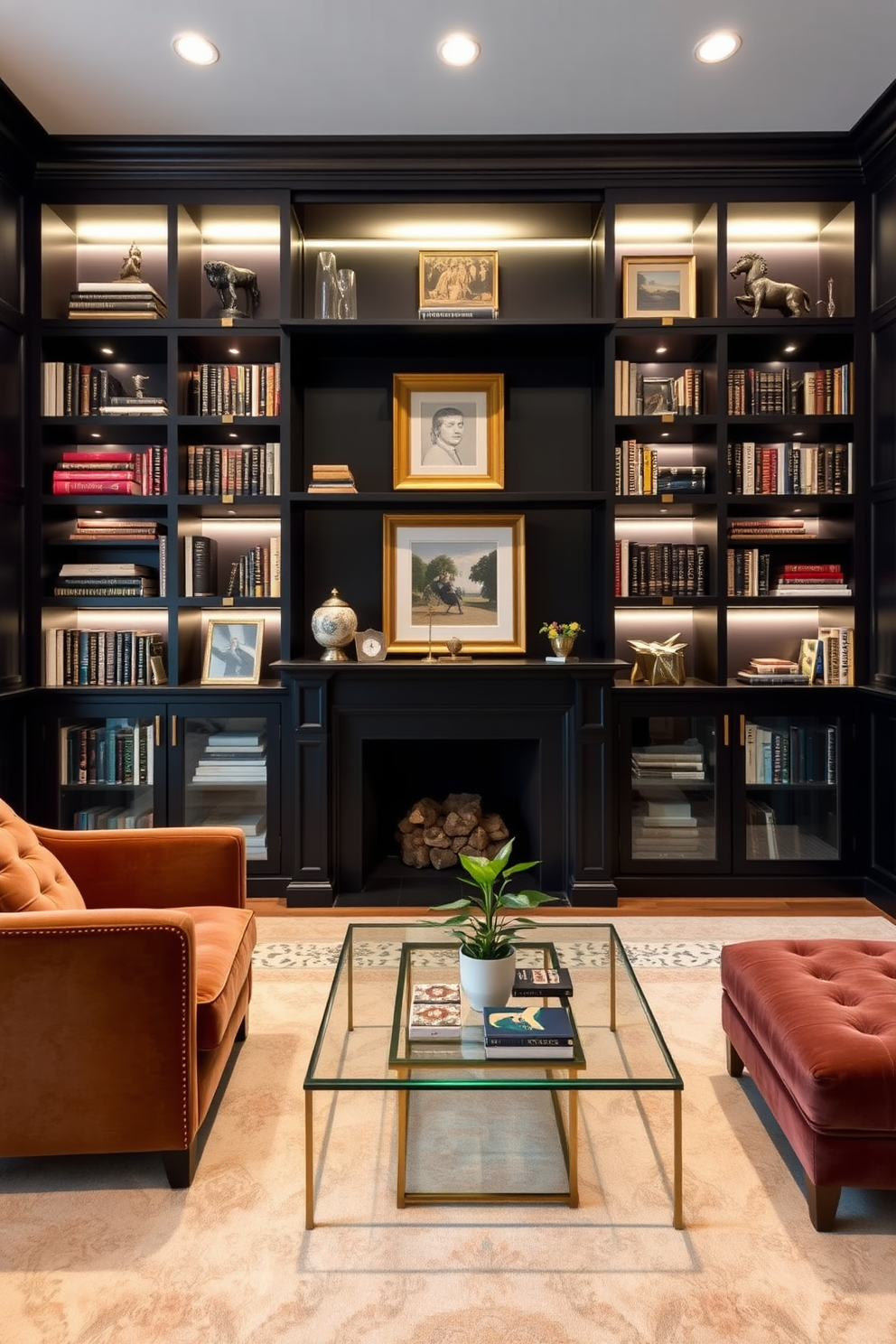 Elegant black built-in bookcases with brass accents create a stunning focal point in the home library. The shelves are filled with an array of books, art pieces, and decorative objects, enhancing the sophisticated atmosphere. Soft ambient lighting highlights the rich textures of the room, while a plush velvet armchair invites relaxation. A sleek glass coffee table sits in the center, adorned with stylish coasters and a small potted plant for a touch of greenery.