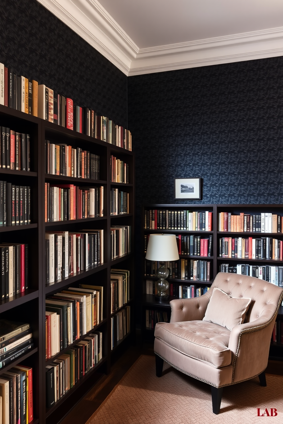 A cozy home library featuring textured black wallpaper that adds depth and sophistication to the space. The room is filled with dark wooden bookshelves, showcasing an extensive collection of books, with a plush armchair positioned in the corner for comfortable reading.