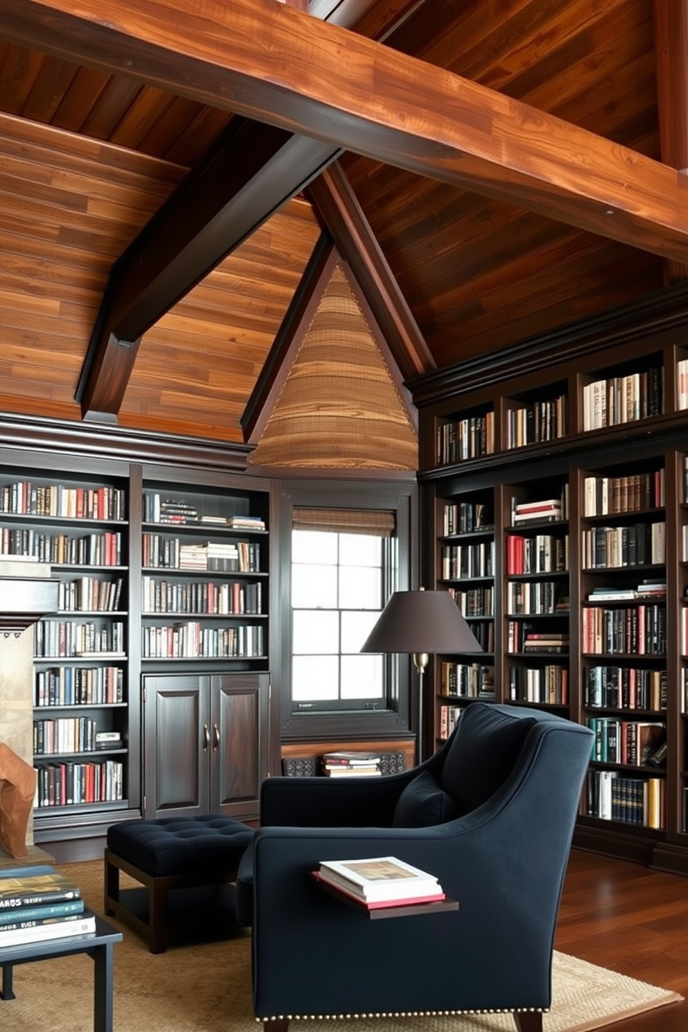 A cozy home library featuring rustic wooden beams across the ceiling paired with sleek black accents throughout the space. The walls are lined with dark wood bookshelves filled with an array of books, while a plush armchair in a deep charcoal fabric invites you to settle in with your favorite read.