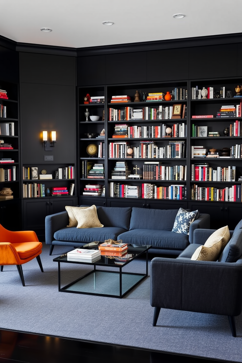 A sleek modern furniture arrangement fills a black space, showcasing a minimalist aesthetic. A low-profile sofa in deep gray complements a glass coffee table, while accent chairs in bold colors add a pop of interest. The black walls are lined with custom-built bookshelves filled with an array of books and decorative items. Soft lighting from stylish sconces creates a warm ambiance, inviting readers to explore the curated collection.