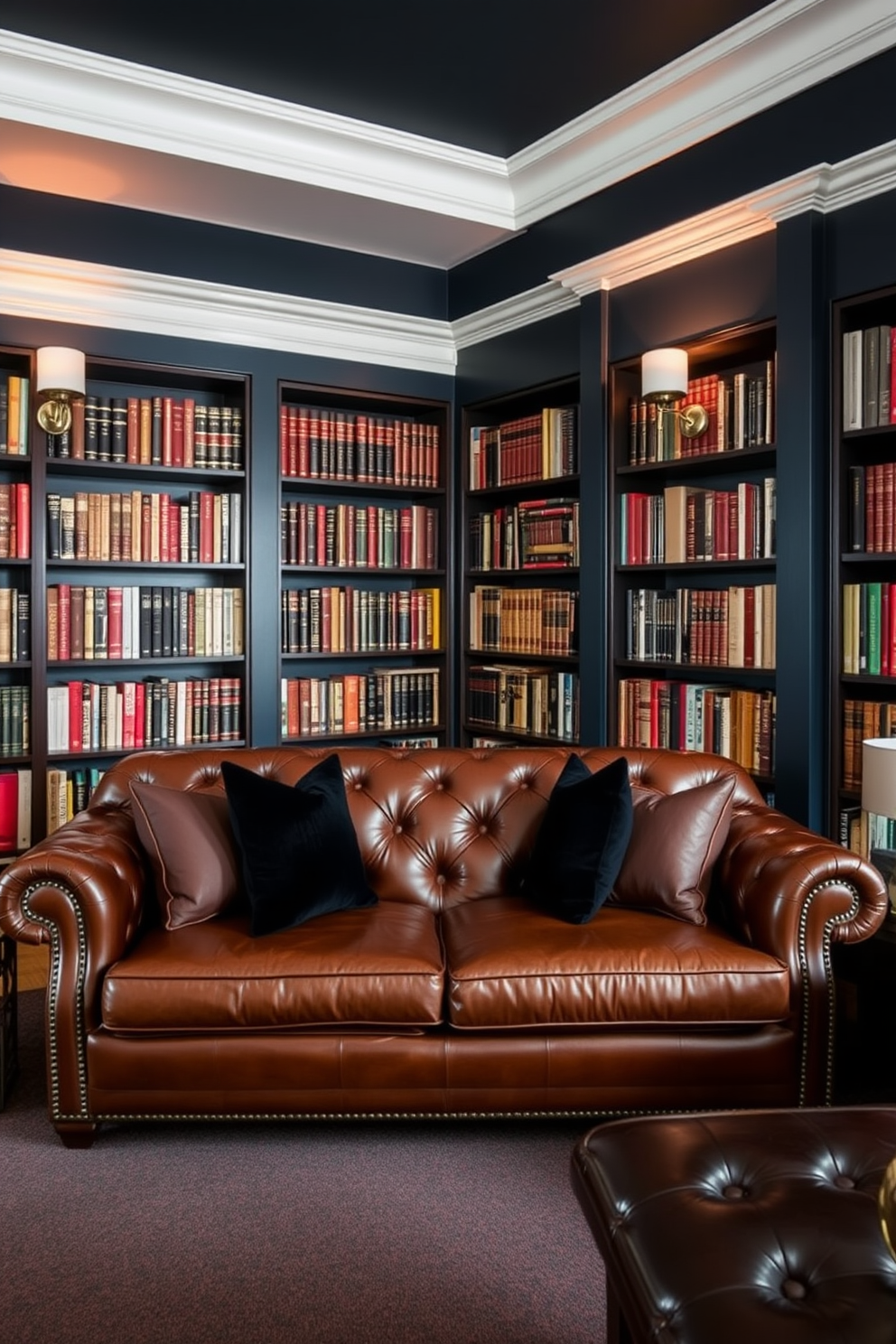 A classic leather sofa in rich brown sits elegantly in the center of the room, adorned with plush black throw pillows for a touch of contrast. Surrounding the sofa, dark wood bookshelves are filled with an extensive collection of books, creating a warm and inviting home library atmosphere. The walls are painted in a deep navy blue, enhancing the cozy ambiance of the space. Soft lighting from strategically placed sconces highlights the rich textures of the leather and wood, making the library a perfect retreat for reading and relaxation.