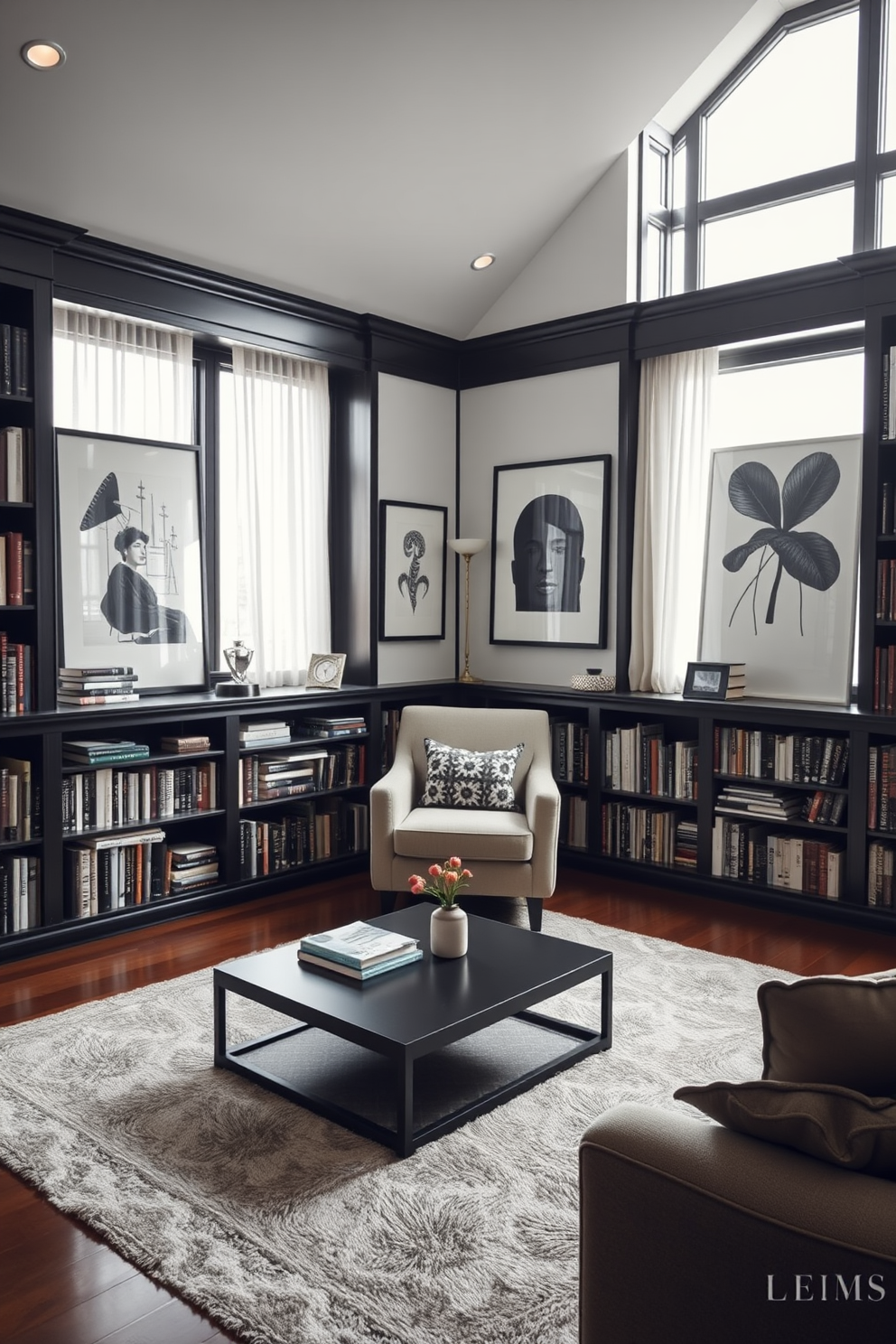 A cozy home library featuring black and white artwork that adds visual contrast to the space. The walls are lined with dark wooden bookshelves filled with an eclectic mix of books, and a plush armchair sits invitingly in the corner. Natural light pours in through large windows adorned with sheer curtains, illuminating the artwork displayed on the walls. A sleek black coffee table rests on a soft area rug, providing a perfect spot for reading and relaxation.