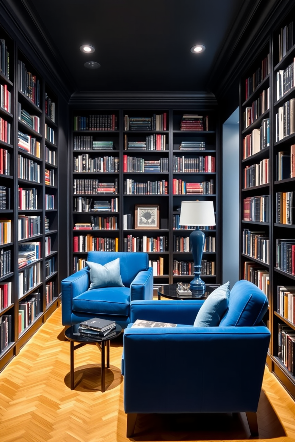 A striking home library with deep blue accents set against a sleek black backdrop. The walls are lined with dark shelves filled with books, while plush blue armchairs invite cozy reading moments.