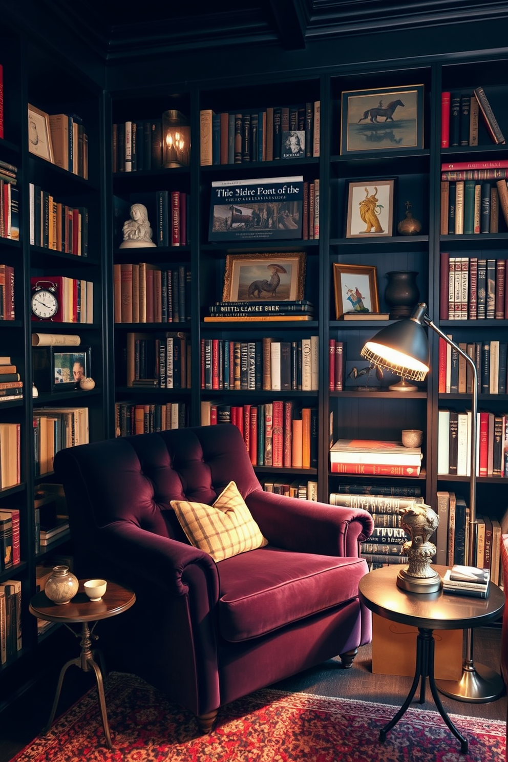 A black library filled with eclectic decor pieces creates a unique and inviting atmosphere. The shelves are lined with a mix of vintage books and modern art objects, showcasing a blend of styles and eras. A plush, oversized armchair in a rich jewel tone sits in the corner, complemented by a quirky side table. Warm lighting from a stylish floor lamp casts a cozy glow, enhancing the library's intimate feel.