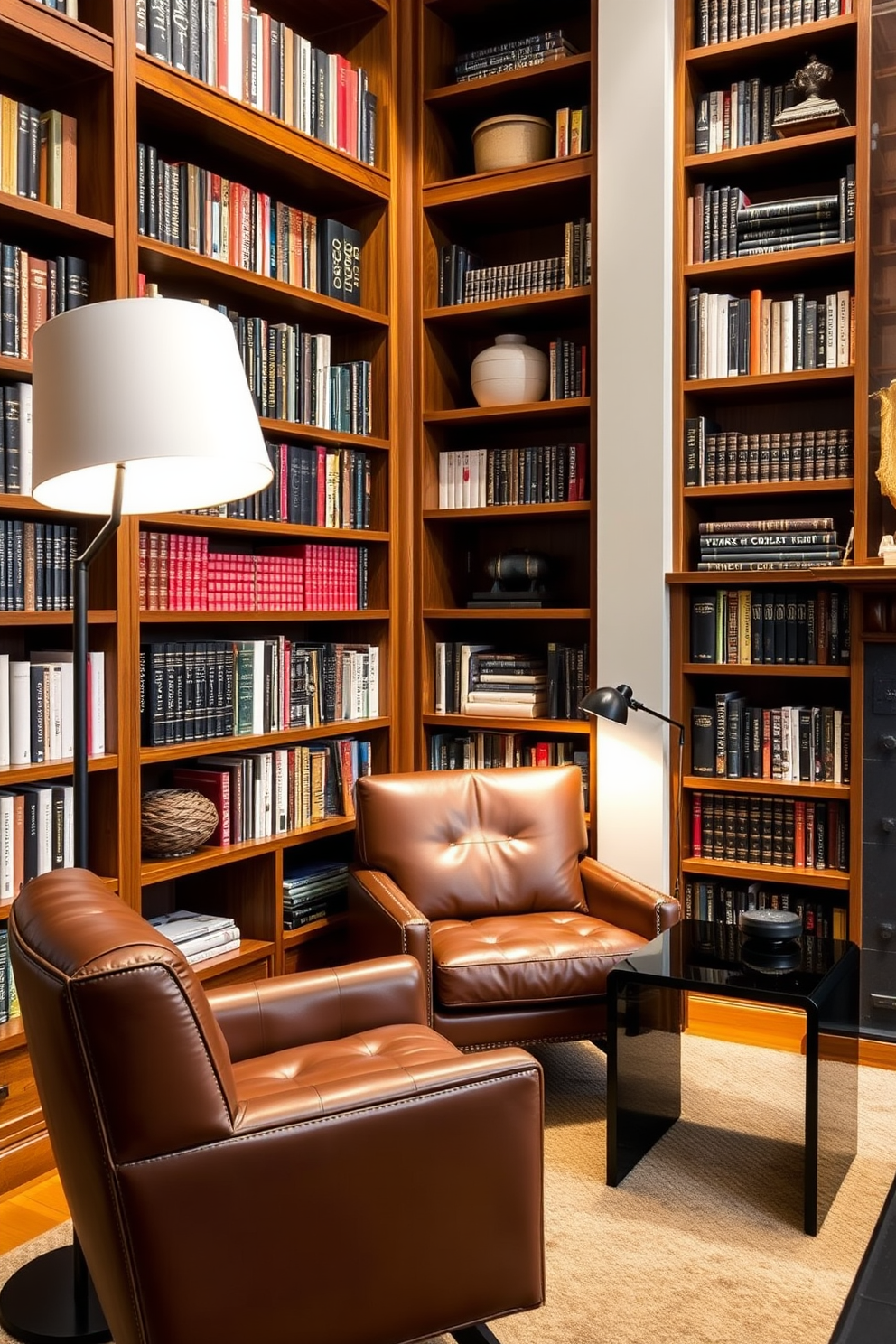 A cozy home library featuring warm wood tones that harmonize with dark elements. The bookshelves are crafted from rich mahogany, displaying an array of books alongside decorative objects. A plush leather armchair in deep brown sits in the corner, accompanied by a sleek black side table. Soft lighting from a modern floor lamp casts a warm glow, enhancing the inviting atmosphere of the space.