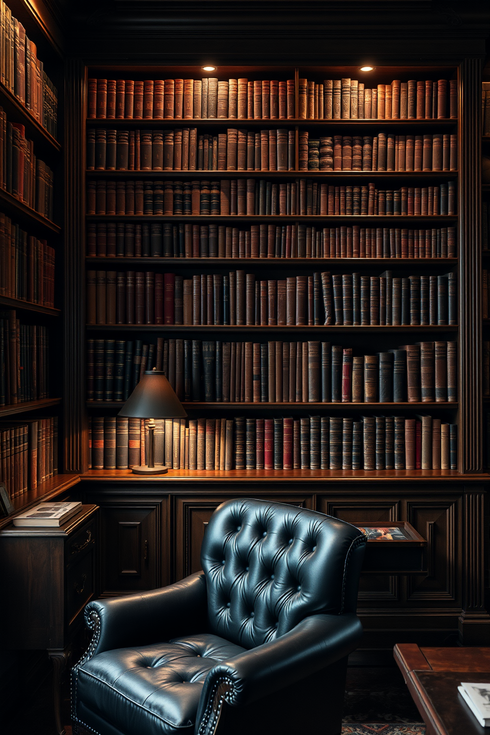 A dark academia style home library featuring rich wood bookshelves filled with antique books. The space is illuminated by warm, ambient lighting and has a plush, dark leather armchair positioned near a vintage wooden desk.