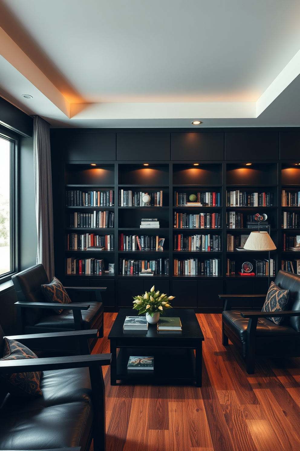 A cozy home library featuring dark wood furniture against a backdrop of sleek black walls. The space is illuminated by warm lighting, creating an inviting atmosphere for reading and relaxation.