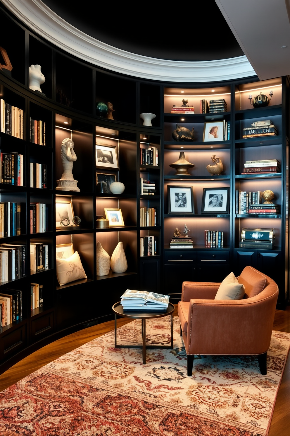 Chic black shelving lines the walls of a cozy home library, showcasing an array of decorative items such as art books, sculptures, and framed photographs. Soft ambient lighting highlights the shelves, creating a warm and inviting atmosphere for reading and relaxation. Plush seating in rich fabrics complements the black shelving, providing a comfortable nook for enjoying literature. A stylish area rug anchors the space, adding texture and warmth to the sophisticated design.