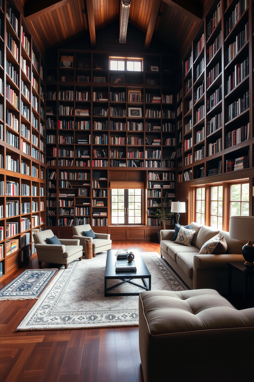 A cozy home library filled with rich wooden bookshelves that reach the ceiling. Soft area rugs in neutral tones cover the hardwood floor, adding warmth and comfort to the reading space. Plush seating arrangements with oversized armchairs and a comfortable sofa invite relaxation. Large windows allow natural light to flood the room, highlighting the black accents in the decor.