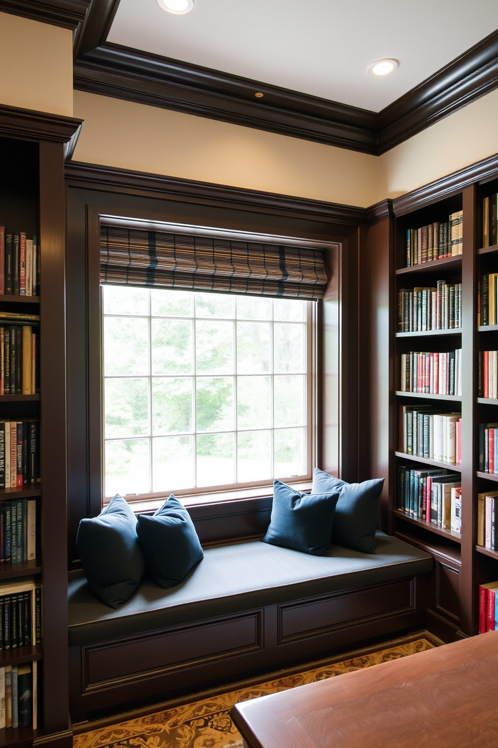 A cozy home library featuring a built-in window seat adorned with plush black cushions. The walls are lined with dark wooden bookshelves filled with an array of books, while a soft, warm light illuminates the space.