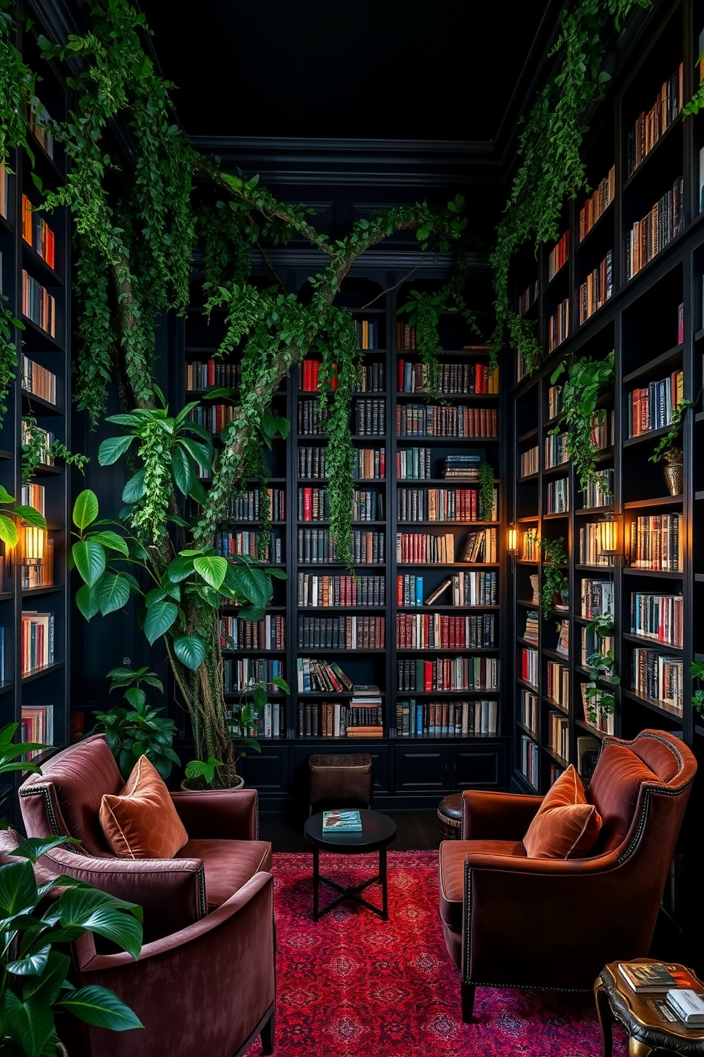 A dramatic home library featuring black walls adorned with lush green plants. The space is filled with tall bookshelves made of dark wood, creating a striking contrast with the vibrant greenery. Cozy reading nooks are integrated into the design, with plush armchairs in rich fabrics. Soft lighting fixtures illuminate the shelves, highlighting the collection of books and adding warmth to the room.