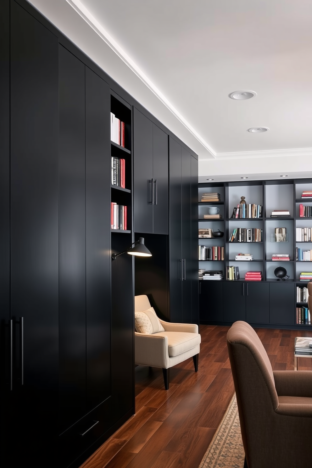 A sleek black cabinetry system lines the walls of the home library, providing ample storage for books and decorative items. A comfortable reading nook is nestled in one corner, featuring a plush armchair and a stylish floor lamp. The library's design incorporates modern shelving units that blend seamlessly with the black cabinetry, creating a cohesive look. Soft ambient lighting highlights the rich textures of the wood and the curated collection of books, inviting relaxation and focus.