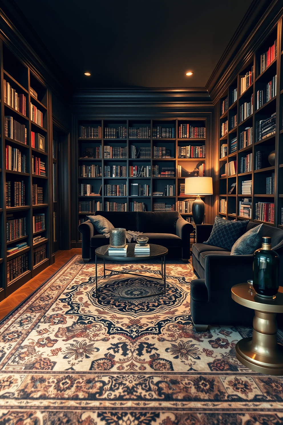 A cozy home library featuring layered textures with rich black fabrics and materials. The walls are lined with dark wood shelves filled with books, and a plush black velvet sofa invites relaxation. Soft lighting illuminates the space, with a modern black floor lamp casting a warm glow. A large area rug with intricate patterns adds depth, while decorative black and gold accents enhance the sophisticated ambiance.