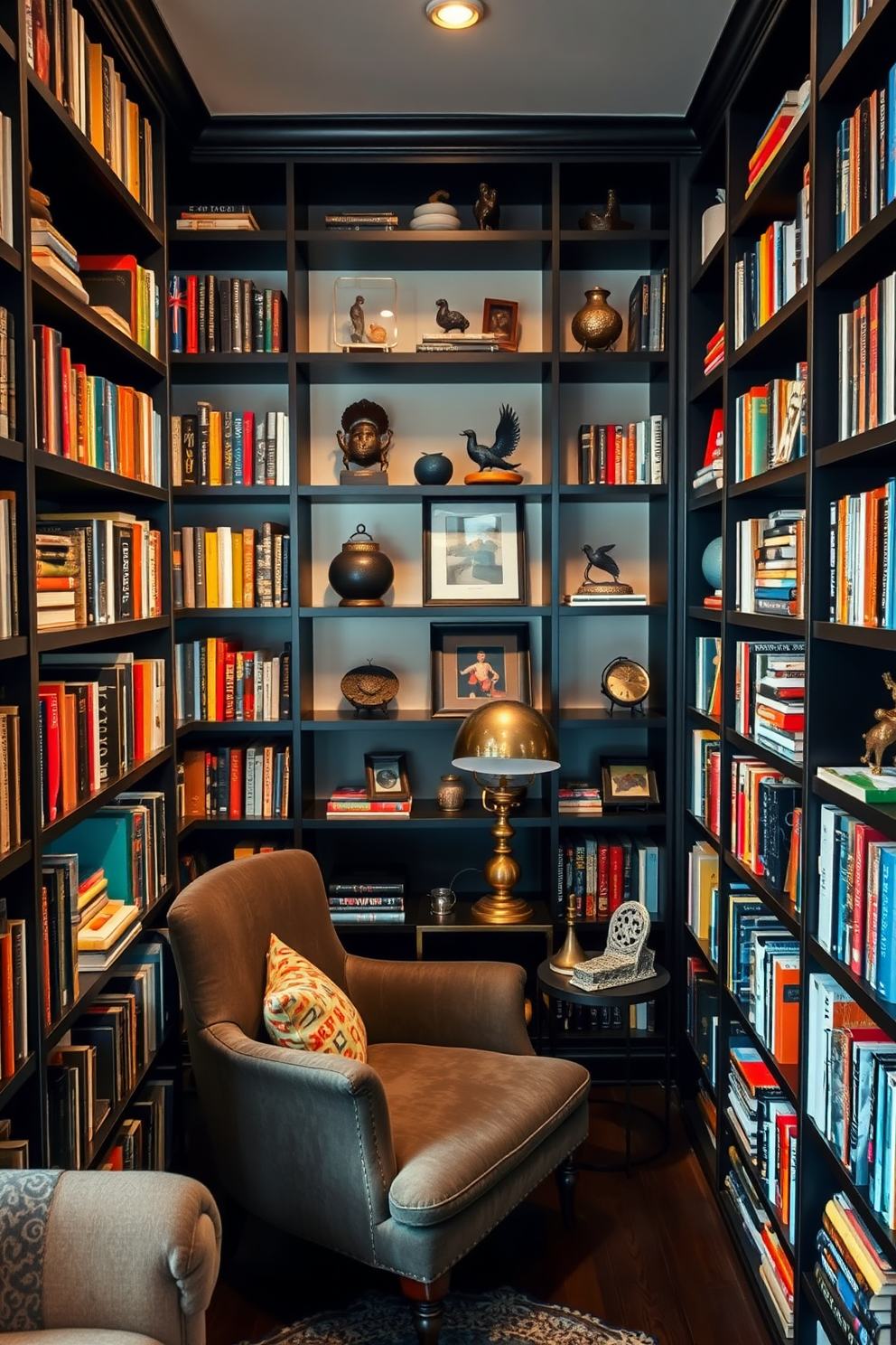 A cozy black home library filled with an artful display of books and collectibles. The walls are lined with sleek black shelves showcasing an array of colorful books and unique decorative items. A plush reading chair sits in the corner, accompanied by a small side table holding a vintage lamp. Soft, ambient lighting enhances the inviting atmosphere, creating a perfect nook for relaxation and inspiration.