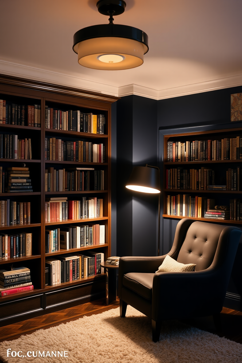 A moody home library with dramatic lighting fixtures that create an inviting atmosphere. The shelves are filled with an array of books, and a comfortable reading chair is positioned near a stylish floor lamp that casts a warm glow. The walls are painted in a deep navy blue, enhancing the cozy ambiance. Rich wooden accents and a plush area rug add texture and warmth to the space, making it perfect for quiet reading or reflection.