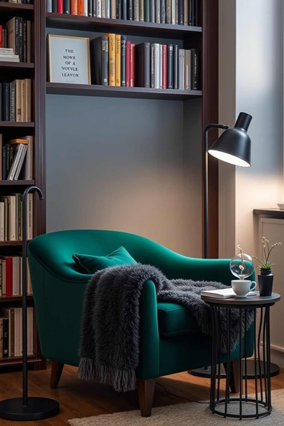 A cozy reading corner featuring a plush armchair in deep emerald green positioned next to a sleek black floor lamp. The walls are lined with dark wooden bookshelves filled with an array of books and decorative items, creating an inviting atmosphere. A stylish black accent table sits beside the armchair, adorned with a steaming cup of tea and a small potted plant. Soft, ambient lighting from the lamp highlights the rich textures of the plush throw blanket draped over the chair.