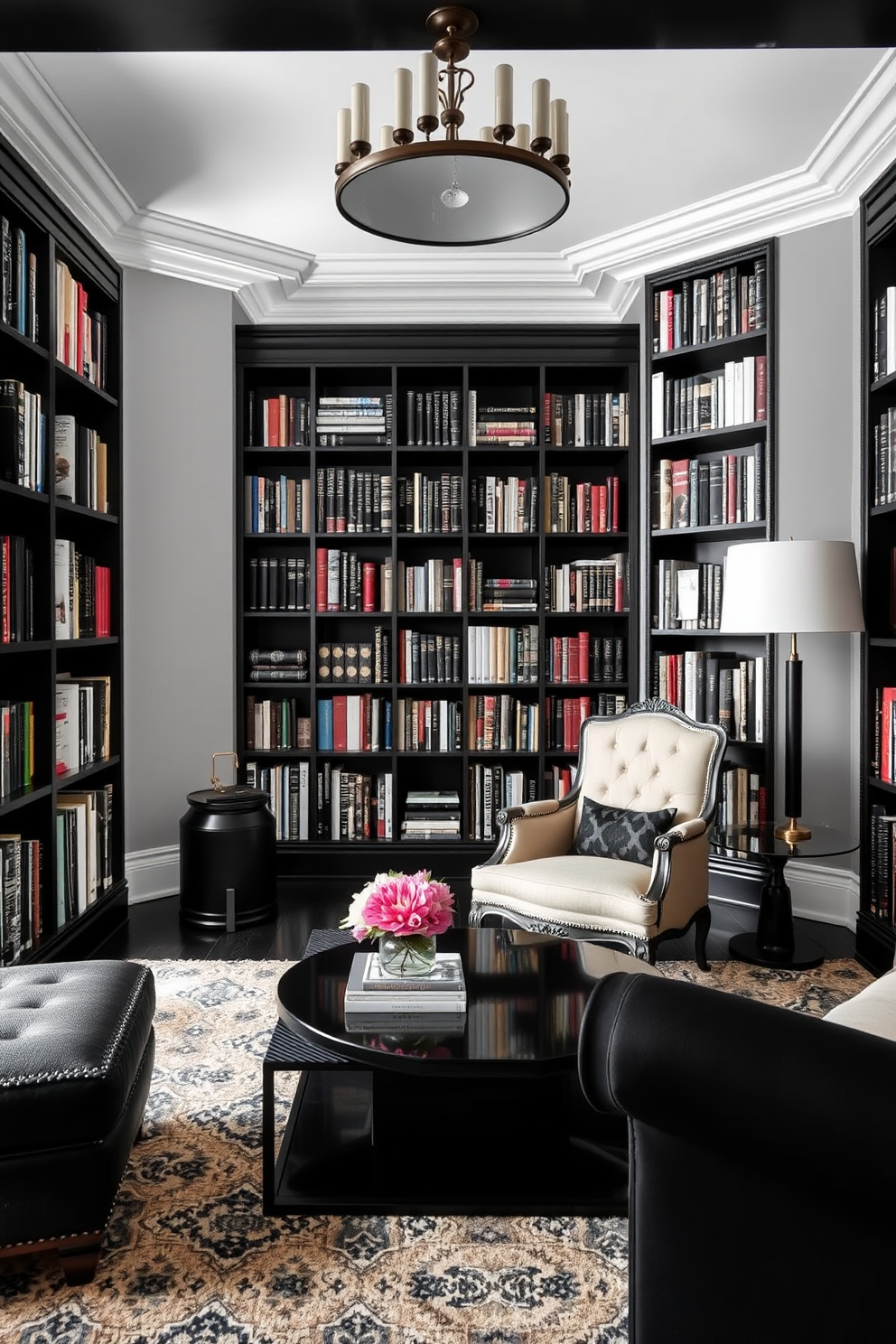 A cozy black home library featuring a mix of modern and vintage black furniture. The room is adorned with sleek black bookshelves filled with books, complemented by an elegant vintage armchair and a modern black coffee table in the center.