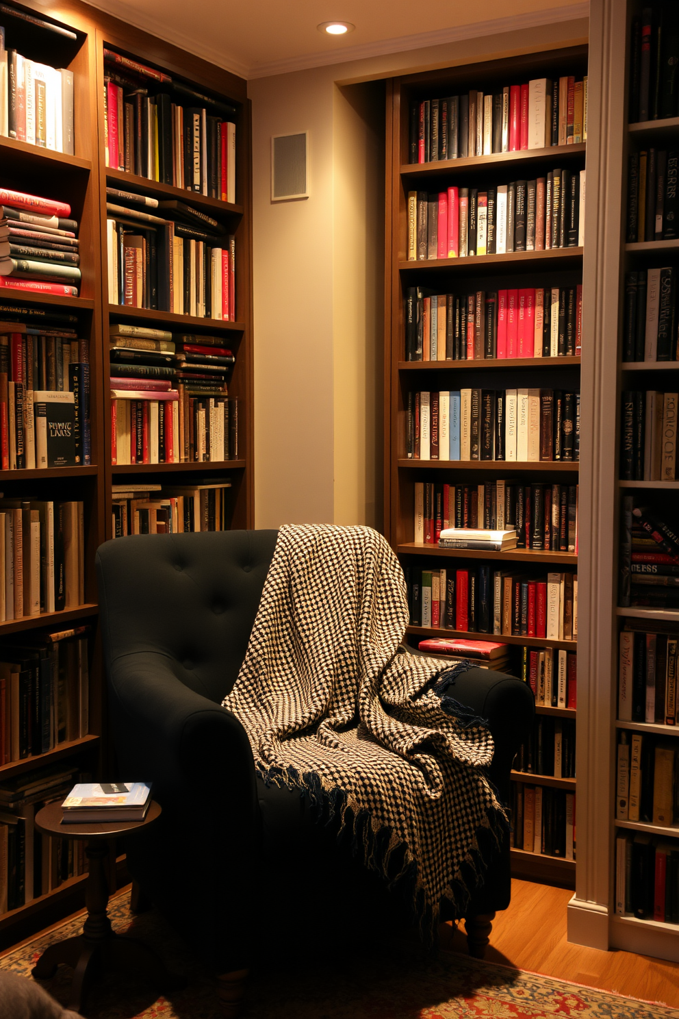 A cozy reading nook featuring a plush black armchair positioned in the corner of the room. Surrounding the armchair are tall bookshelves filled with a mix of classic literature and modern novels, creating an inviting atmosphere. Soft, warm lighting illuminates the space, casting a gentle glow on a small side table beside the chair. A patterned throw blanket drapes over the armchair, inviting you to settle in with a good book.