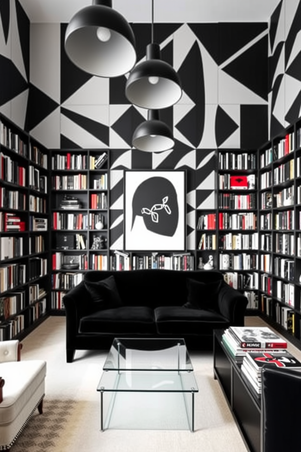 A striking home library featuring bold geometric patterns in black decor. The walls are adorned with large black and white geometric wallpaper, creating a dramatic backdrop for the floor-to-ceiling bookshelves filled with an array of books. A plush black velvet sofa is positioned in the center, complemented by a sleek glass coffee table. The space is illuminated by modern black pendant lights, adding a touch of sophistication to the cozy reading nook.