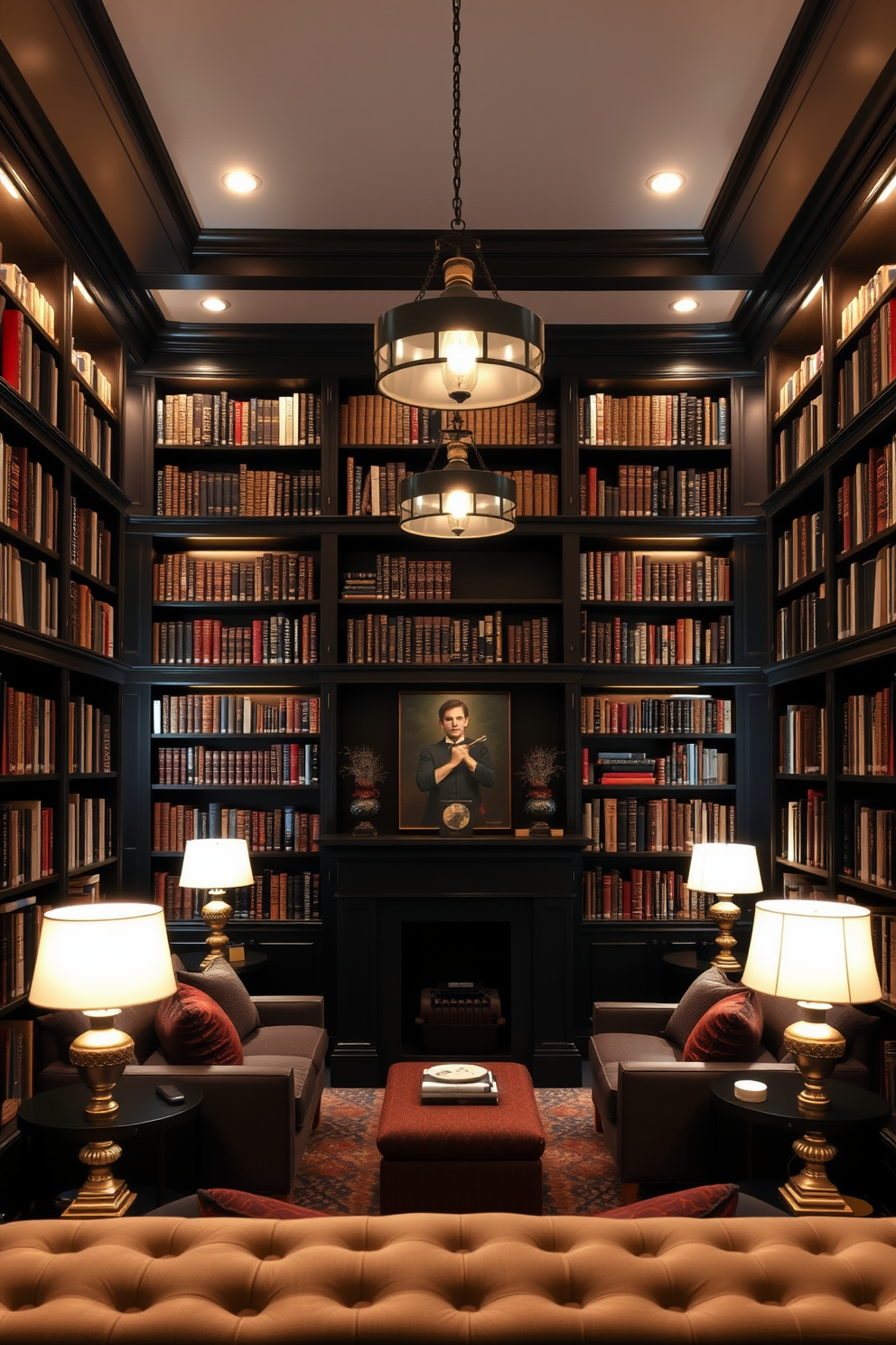 A cozy black home library with layered lighting creates an inviting atmosphere. The room features dark wood bookshelves filled with an array of books, and plush seating areas are strategically placed for comfort and relaxation. Soft pendant lights hang from the ceiling, casting a warm glow throughout the space. Accent lamps on side tables provide additional illumination, enhancing the library's intimate and sophisticated ambiance.