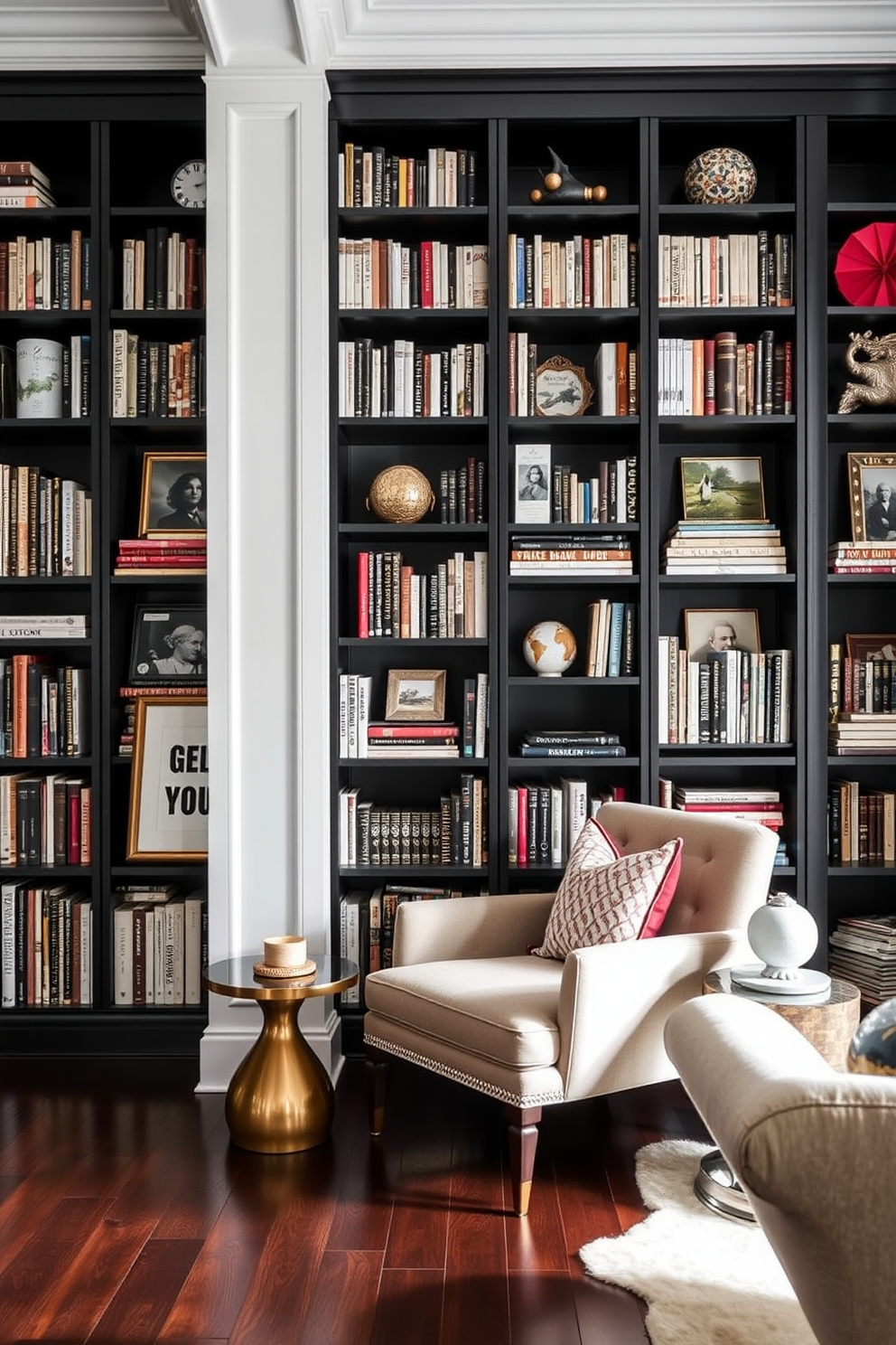 A striking home library featuring black shelves that contrast beautifully with crisp white trim. The shelves are filled with an array of books, art pieces, and decorative objects, creating a visually intriguing focal point. Soft, ambient lighting illuminates the space, enhancing the rich tones of the dark wood flooring. A cozy reading nook with a plush armchair and a small side table invites relaxation amidst the literary collection.