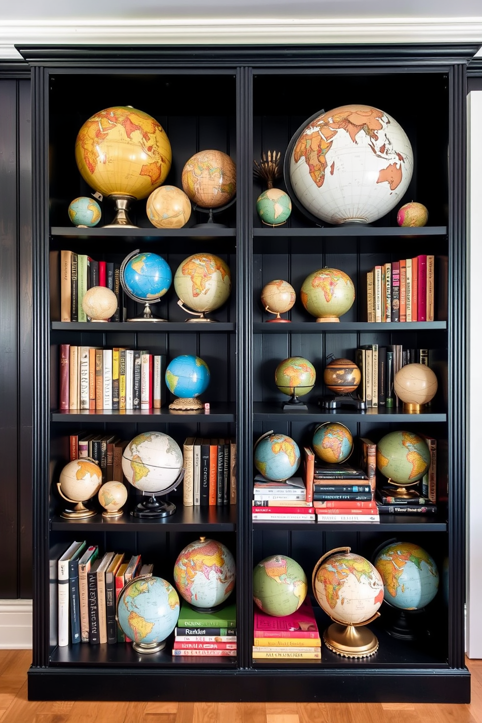 A black bookshelf filled with an eclectic collection of vintage globes in various sizes and colors. The backdrop features dark wood paneling, creating a cozy and inviting atmosphere for a home library.