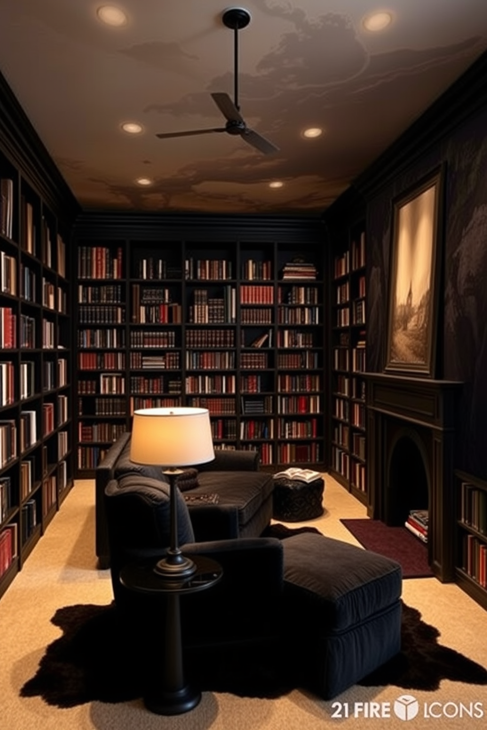 Artistic wall murals in dark tones create a dramatic backdrop for a cozy reading space. The library features floor-to-ceiling shelves filled with books, complemented by plush seating arrangements in rich fabrics. Black home library design ideas incorporate sleek black furniture and warm lighting to enhance the ambiance. A large, comfortable armchair sits in the corner, inviting relaxation amidst the sophisticated decor.