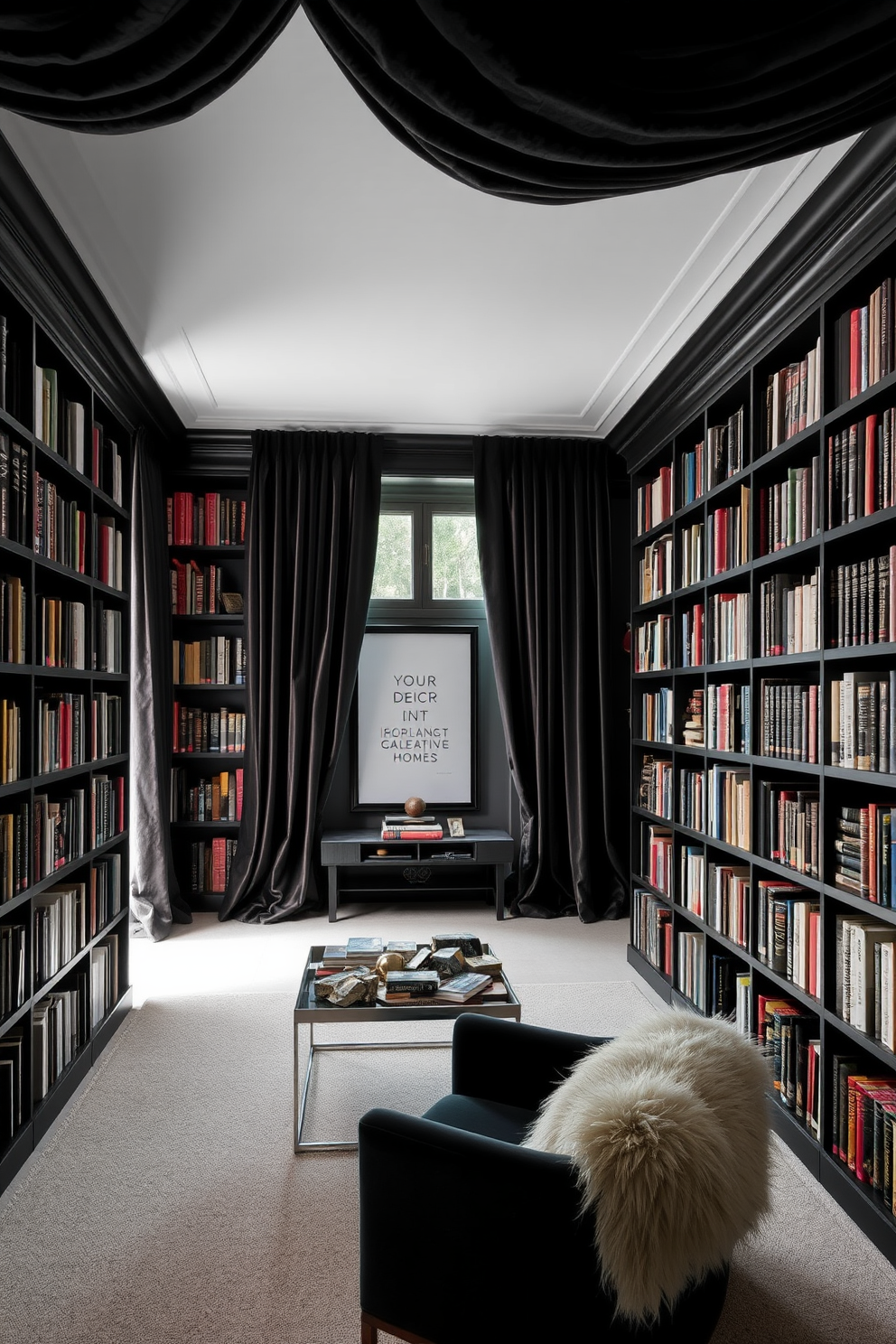 Rich velvet curtains drape elegantly from the ceiling, adding a touch of luxury to the black decor. The deep hues of the curtains enhance the sophisticated ambiance of the room, creating a cozy and inviting atmosphere. The home library features black bookshelves lined with an extensive collection of books, showcasing a blend of classic and contemporary titles. A plush reading chair in a contrasting color invites you to relax and enjoy the serene environment.