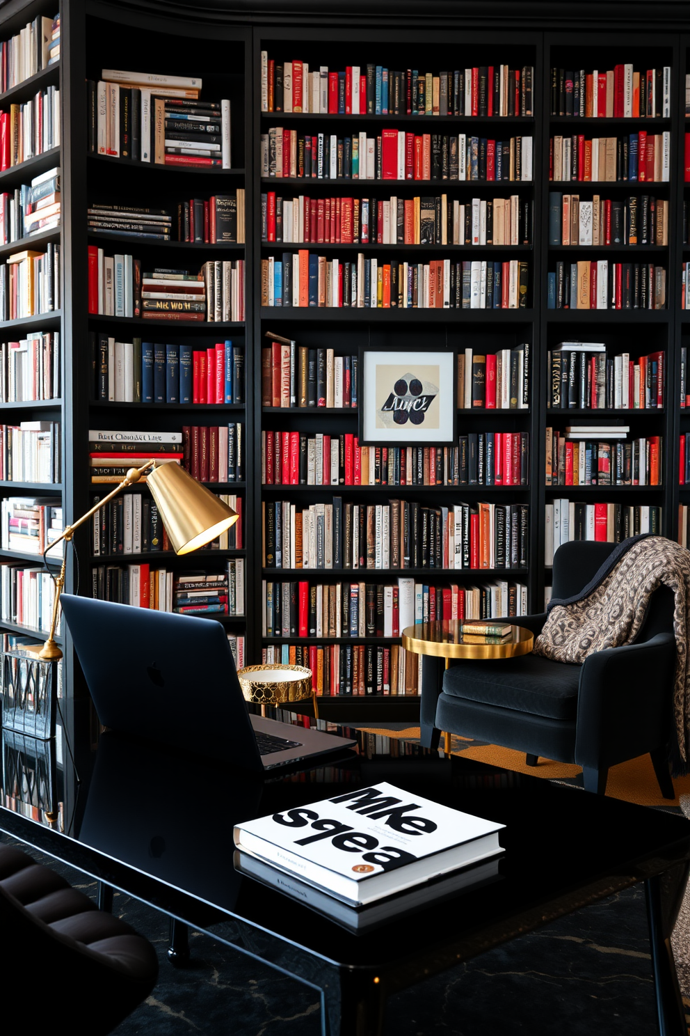 A stylish black and gold desk setup featuring a sleek black desk with a glossy finish and gold hardware. On the desk, a modern lamp with a gold base illuminates a minimalist workspace adorned with a high-end laptop and a chic notebook. The black home library design showcases floor-to-ceiling bookshelves filled with an array of books in various colors. A comfortable reading nook is created with a plush armchair upholstered in black fabric, complemented by a gold side table and a cozy throw blanket.