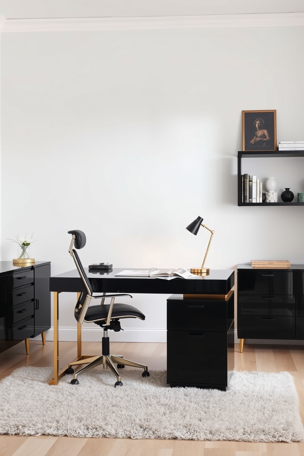 A sleek black desk with gold accents sits elegantly in the center of the room. The desk is complemented by a stylish ergonomic chair and a modern desk lamp, creating a functional yet chic workspace. The walls are painted in a soft white, allowing the black furniture to stand out. A plush area rug in neutral tones adds warmth to the space, while decorative shelves display curated books and art pieces.