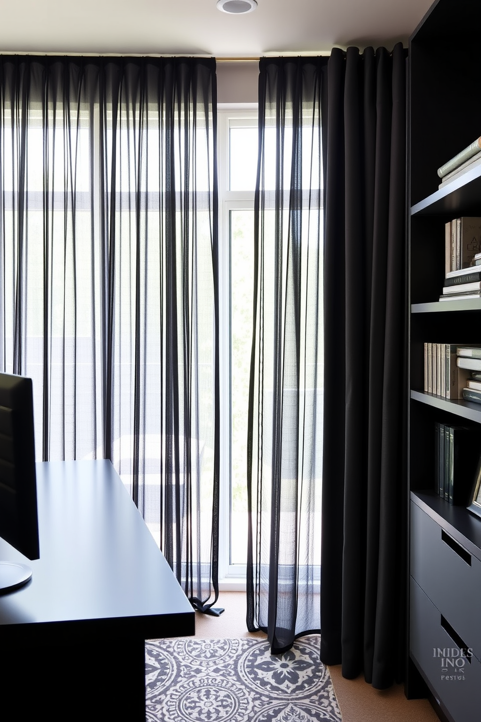 A stylish home office featuring elegant black curtains with sheer panels that softly diffuse natural light. The space is adorned with a sleek black desk, a comfortable ergonomic chair, and modern shelving units that provide both function and aesthetic appeal.