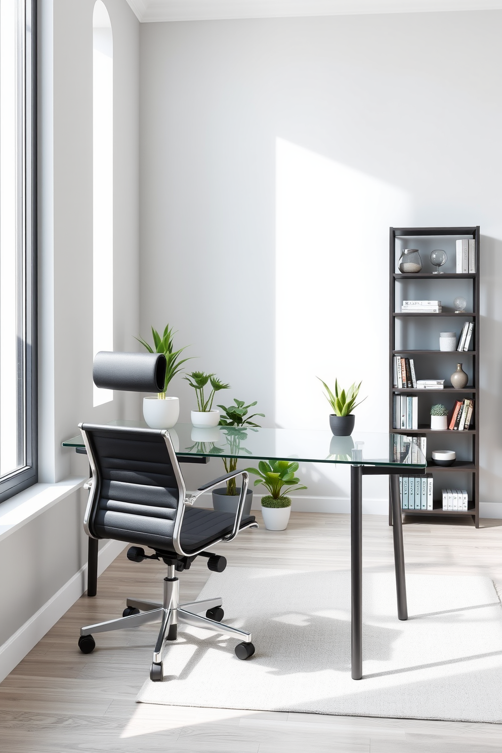 A contemporary black office chair with wheels is positioned at a sleek glass desk. The walls are painted in a soft gray, and a large window allows natural light to illuminate the space. The office features minimalist decor with a few potted plants adding a touch of greenery. A stylish bookshelf against one wall holds neatly arranged books and decorative items.