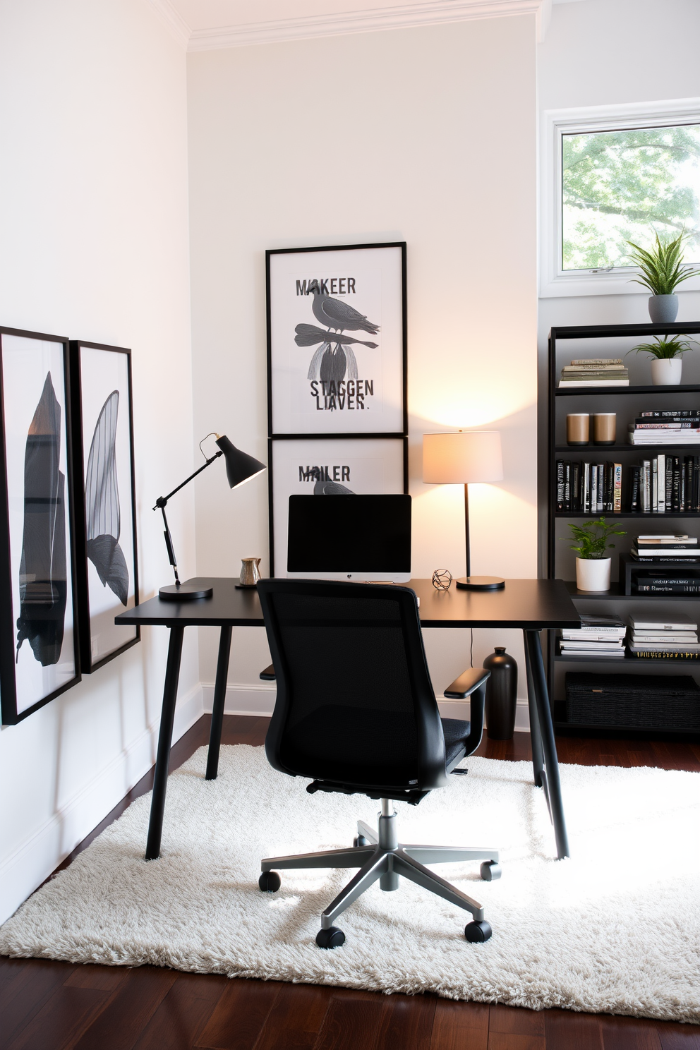 A stylish home office featuring a sleek black desk with a modern ergonomic chair. The walls are adorned with black framed artwork that adds a touch of sophistication and creativity to the space. The room is illuminated by warm lighting from a contemporary desk lamp and natural light streaming through large windows. A plush area rug in neutral tones anchors the space, while shelves filled with books and decorative items provide both function and style.