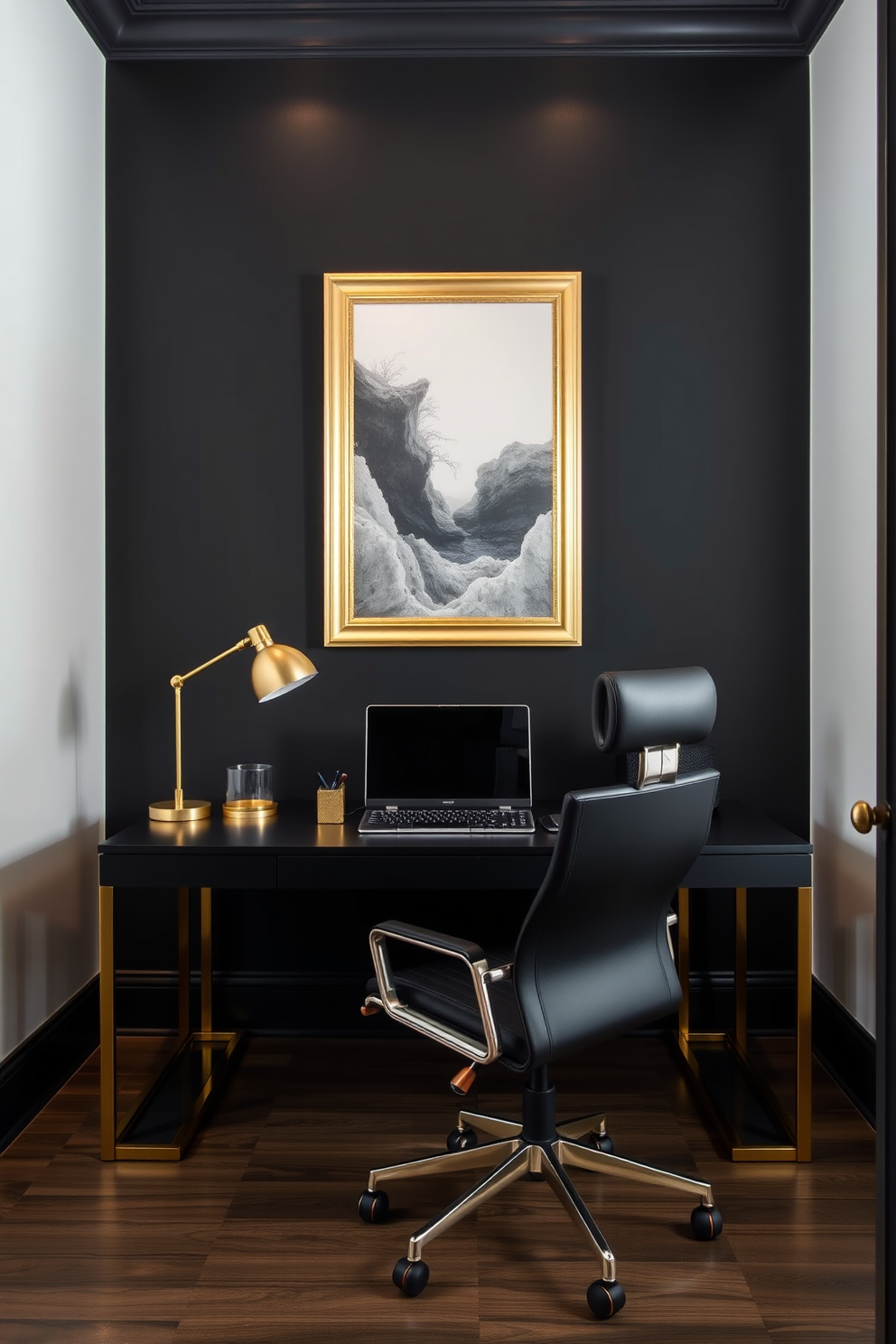 A sleek home office designed with a modern aesthetic. The space features a black desk with gold accents, complemented by a stylish black ergonomic chair. The walls are painted in a deep charcoal color, creating a dramatic backdrop. A large gold-framed artwork hangs above the desk, adding a touch of elegance to the room.