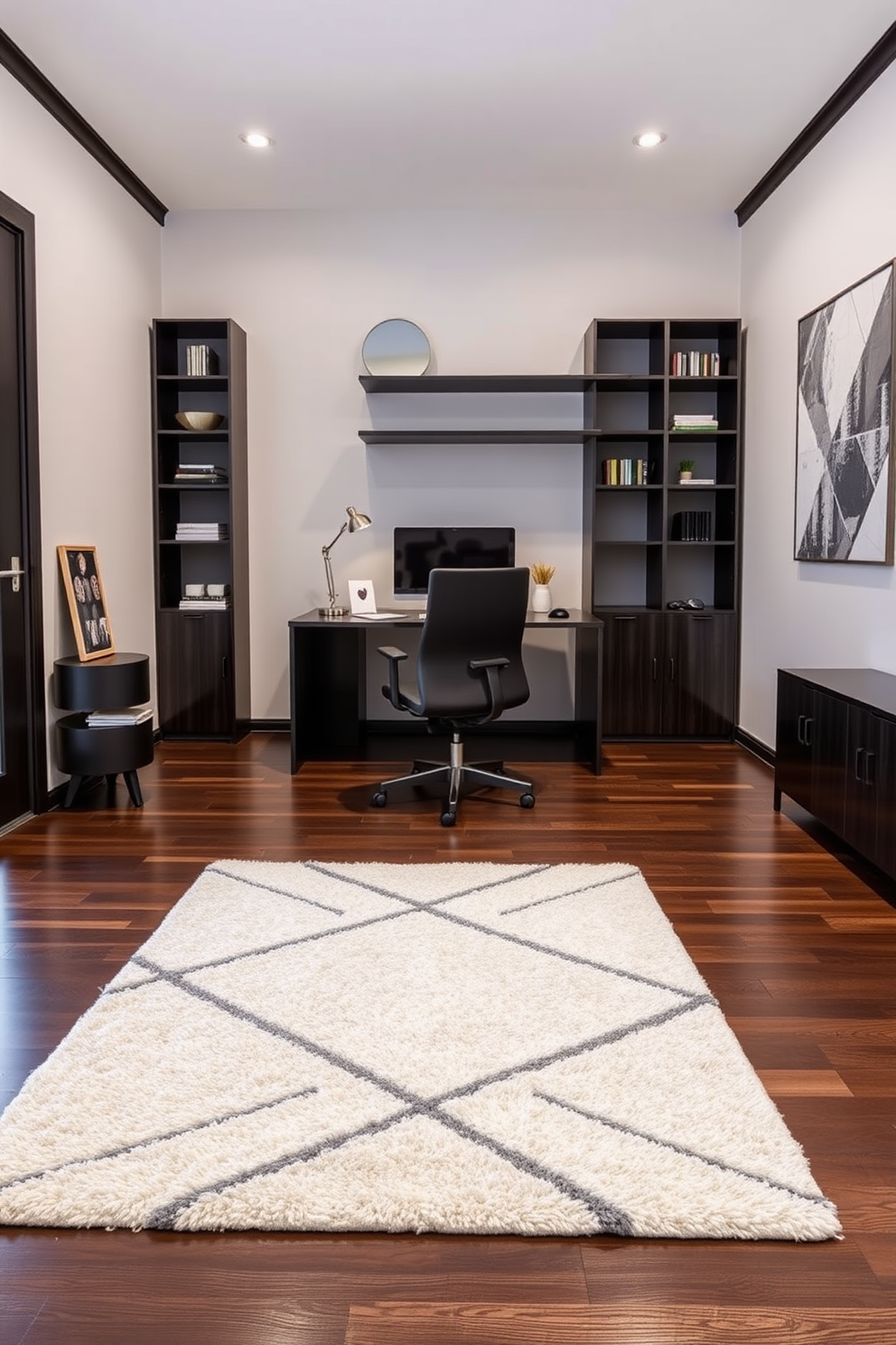 A modern home office featuring dark hardwood flooring complemented by a plush area rug in a geometric pattern. The space includes a sleek black desk with a minimalist design, paired with an ergonomic chair and stylish shelving units against the walls.