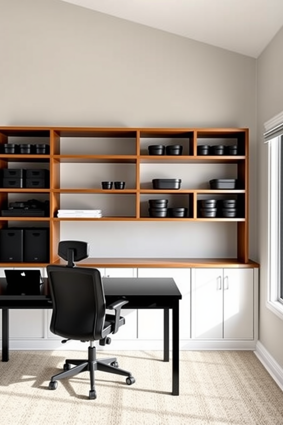 A modern home office featuring open shelving against a light gray wall. The shelves are filled with black containers, neatly organized, creating a sleek and minimalist aesthetic. A large black desk sits in front of the shelving, complemented by a comfortable ergonomic chair. Natural light floods the space through a nearby window, enhancing the inviting atmosphere.