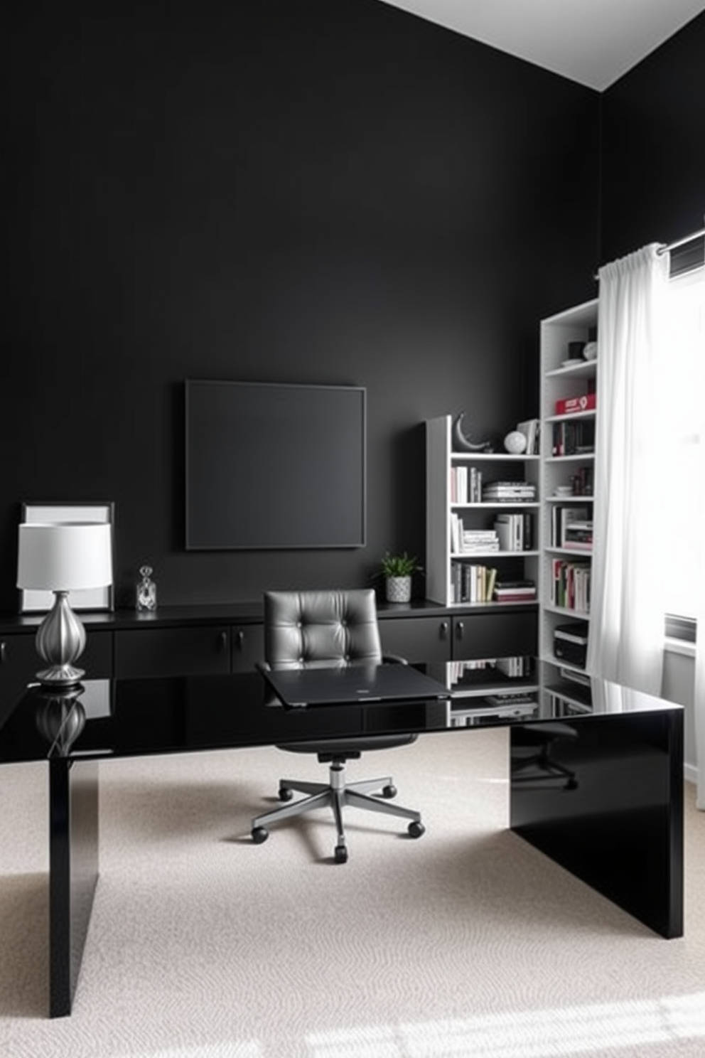 A sleek black home office featuring a large black desk with a glass top and minimalist design. The walls are painted in a deep matte black, and a statement art piece in white hangs above the desk. A comfortable black leather chair is positioned at the desk, complemented by a stylish white bookshelf filled with books and decorative items. Natural light streams in through a large window dressed with sheer white curtains, creating a contrast against the dark decor.