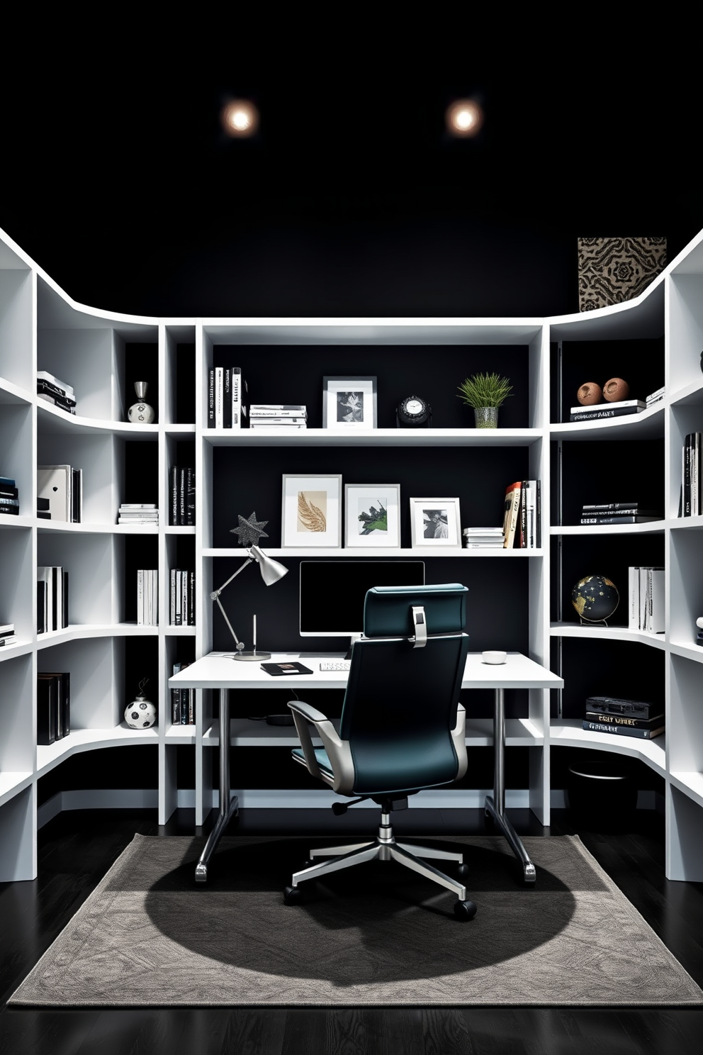 A modern home office featuring striking black walls that create a bold and dramatic atmosphere. The room is adorned with sleek white shelving units that provide ample storage and display space for books and decor. A stylish desk in the center of the room complements the black and white theme, with a comfortable ergonomic chair positioned for productivity. Soft lighting fixtures enhance the ambiance, creating a perfect workspace for creativity and focus.