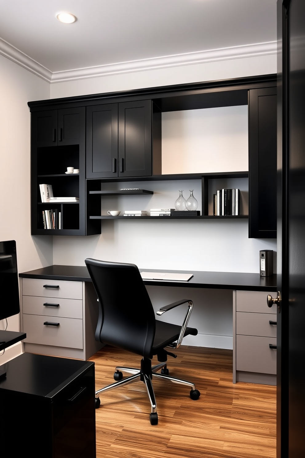 A sleek home office featuring smart storage solutions in black tones. The room includes a modern black desk with built-in shelves, complemented by a stylish black ergonomic chair. The walls are adorned with black cabinetry that maximizes vertical space while maintaining a clean aesthetic. A minimalist black filing cabinet sits discreetly beside the desk, ensuring everything is organized and within reach.