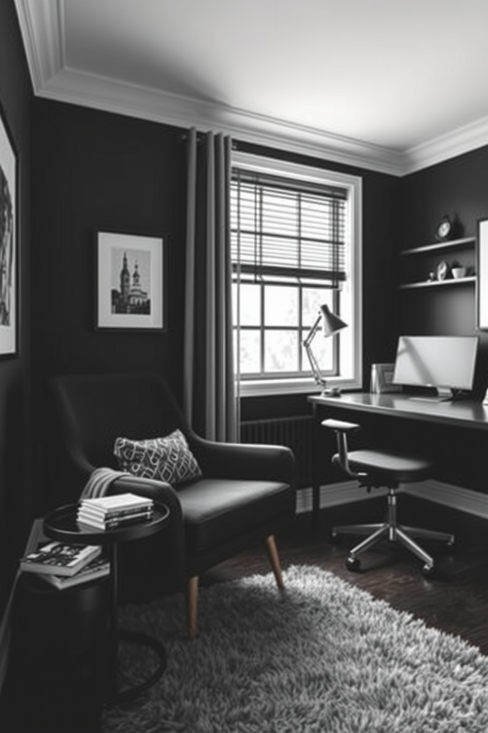 A cozy reading nook featuring a black accent chair positioned next to a large window. A small side table holds a stack of books and a warm cup of tea, with a soft throw draped over the chair. A stylish home office designed in black tones with a sleek desk and ergonomic chair. The walls are adorned with modern art, and a plush rug adds warmth to the space.