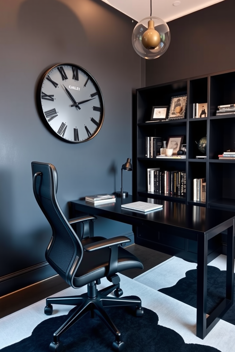 A sleek black clock is mounted on the wall, serving as a striking focal point in the space. The home office features a modern black desk with clean lines and a comfortable ergonomic chair, creating an inviting workspace. The walls are painted in a deep charcoal hue, enhancing the sophisticated atmosphere of the room. A stylish bookshelf filled with curated decor and books complements the overall black theme, adding personality and warmth.